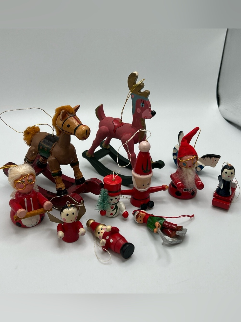 Vintage Wood Christmas Ornaments Lot Santa Snowman Horse Ski angel